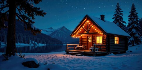 Twinkly lights on a wooden cabin under the stars, cozy, natural