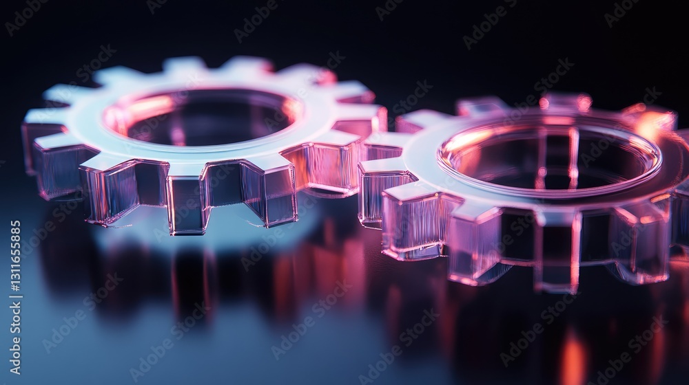 Poster d-rendered floating gears made of transparent glass, reflecting soft neon lights, with a futuristic 