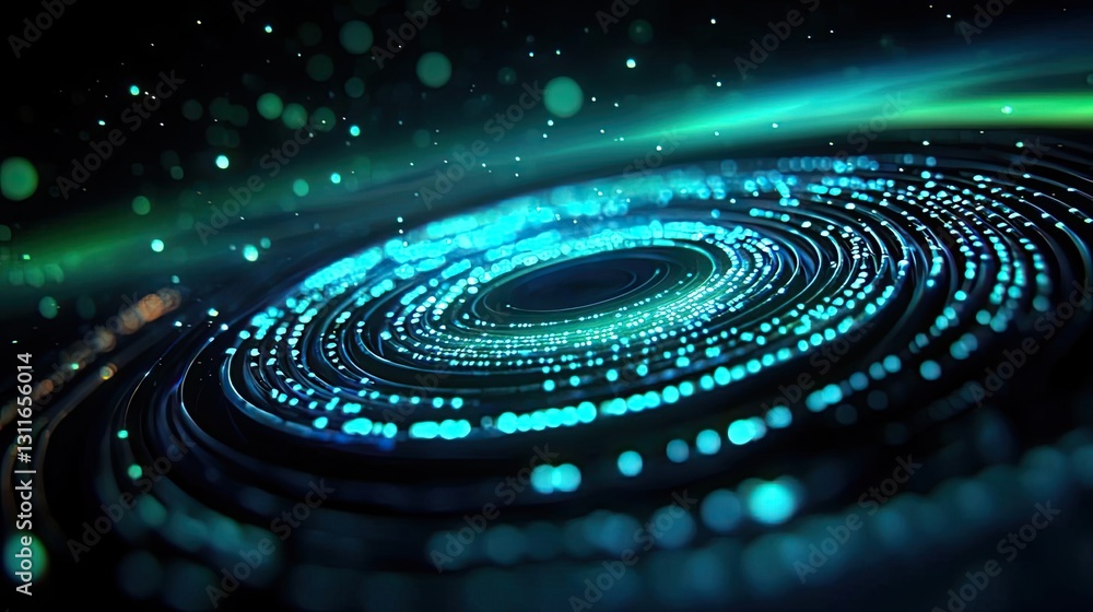 Poster aurora borealis northern lights idea. abstract digital artwork featuring glowing circles and particl