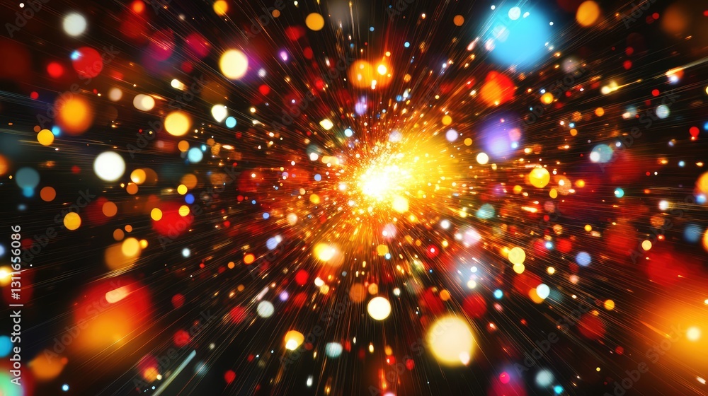 Poster abstract bright sparks of color shooting from the center of the image, showing a creative explosion 