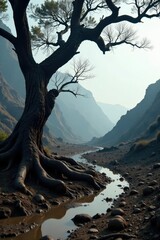 Twisted tree branches in muddy volcanic landscape with mist, mist, arid land
