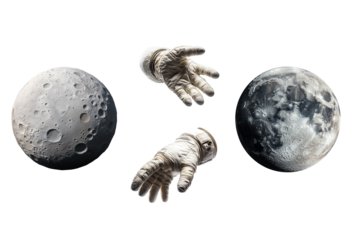 Lunar surface and astronaut gloves on a white or transparent background 