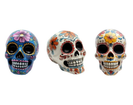 set of Colorful sugar skulls celebrate the vibrant artistry of Day of the Dead against a white or transparent background