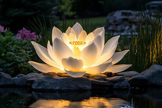Illuminated white lotus flower lantern in a garden at night.