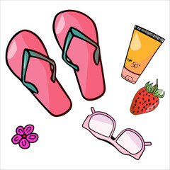 Colorful summer set of hand drawn summer pink flip flops,sunglasses, sunscreen