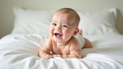 newborn baby lying on a clean white sheet, laughing with an open mouth, natural baby pose with soft diffused light, smooth skin tones,  professional baby photoshoot, concept of childhood
