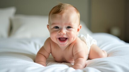 joyful baby lying on a soft white bed laughing and reaching for tiny feet, natural soft lighting, high-detail skin texture, minimalistic background, ultra-realistic photography, concept of childhood