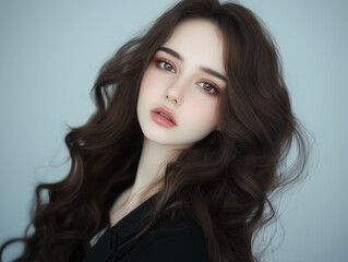 Fototapeta premium Young woman with long brown wavy hair posing in studio