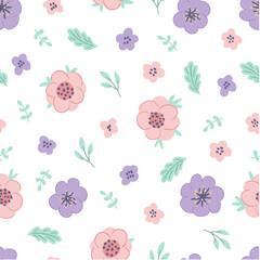 Cute spring seamless pattern with flowers, leaves and branches on white background. Decorative pattern for banner, wallpaper, packaging, textiles design. Vector illustration