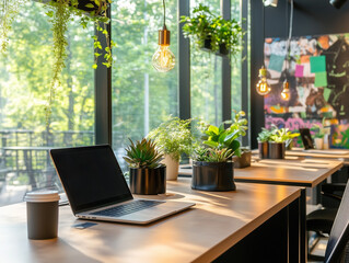 Modern coworking space with plants and laptop promoting wellbeing and productivity
