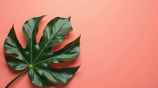 Glossy Green Monstera Leaf on Pink Backdrop - Tropical Plant Stock Photo
