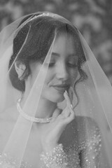 A woman is wearing a veil and looking at the camera. The veil is made of a material that has a...