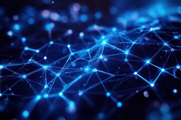 Obraz premium Illuminated web of interconnected digital nodes against a dark background, symbolizing technology and connectivity.