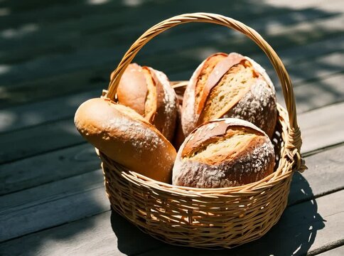 Wicker basket with different types of fresh bread on grey table under sunlight, closeup