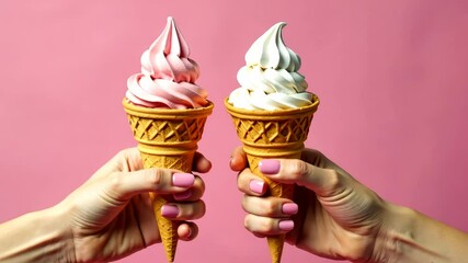 Soft Pink Banner with Women's Hands Holding Assorted Waffle Cones Filled with Sweet Ice Cream, Perfect for Dessert and Summer Themes. national frozen food day. 