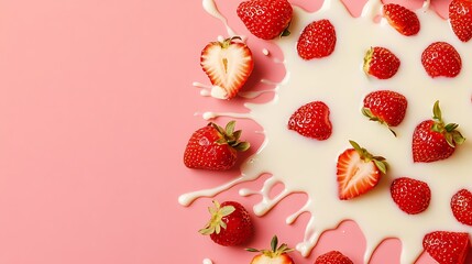 Strawberries scattered in cream on a pink background. For smoothie or dessert promotion