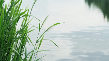 Naklejka premium A green plant is growing near the water. The water is calm and the plant is in the foreground