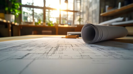 Architect rolls and architectural plan with technical project drawings, highlighting a professional planning and design environment.