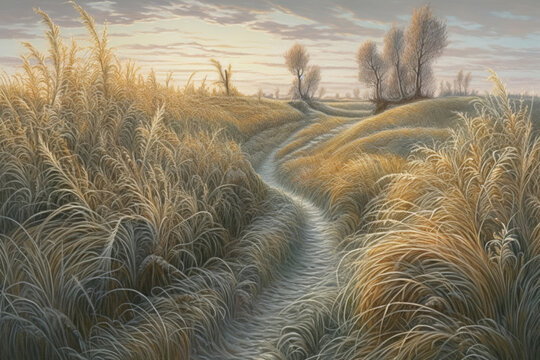beautiful landscape with hills and feather grass., watercolor style, Generative AI