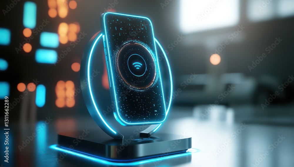 Poster sleek smartphone displayed with glowing security rings on an advanced charging dock.