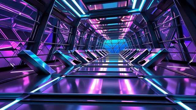 Futuristic Sci-Fi Corridor With Neon Blue And Purple Lights, Metallic Surfaces, High-Tech Tunnel, And Cyberpunk Aesthetic

