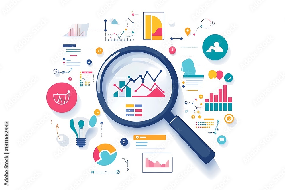 Poster data analysis and business intelligence: magnifying glass on key metrics