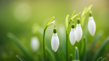 Close-Up of Snowdrop Flowers Blooming in Early Spring with Soft Green Background