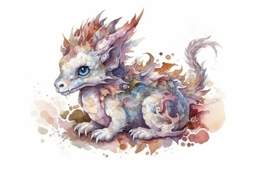 watercolor drawing of an adorable cute dragon isolated on white background., watercolor style, Generative AI
