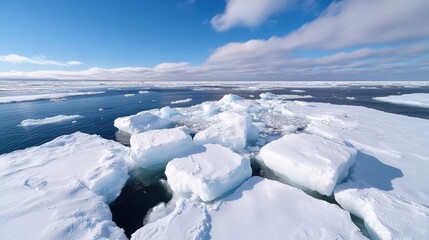 Fototapeta premium Iceberg melting idea. A stunning view of icebergs floating on calm blue water under a clear sky.