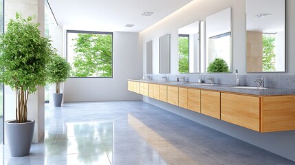 Fototapeta premium Modern minimalist bathroom interior design with light wood vanity granite countertop and large