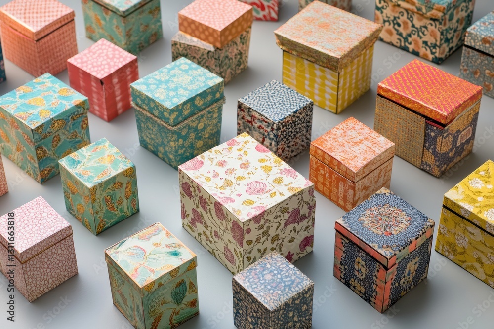 Poster colorful array of small gift boxes showcasing unique designs in creative layout on a neutral surface