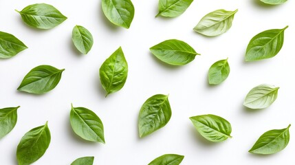 Obraz premium Lush green basil leaves suspended over a light backdrop with twinkling lights