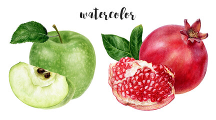 Hand-Painted Watercolor Granny Smith Apple and Pomegranate Botanical Illustration Isolated on White