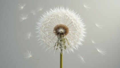Delicate Dandelion Seeds Flying Away in the Wind on a Light Background