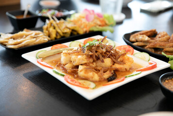 Traditional thai food on black table background