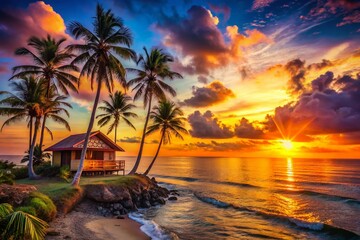 Tropical Sunset: Palm Tree, Ocean House Silhouette, Vibrant Sky - Stock Photo