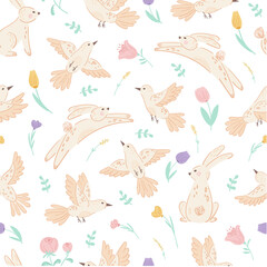 Easter seamless pattern with cute bunnies, birds and wildflowers on white background. Spring pattern for banner, wallpaper, packaging, textiles design. Vector illustration