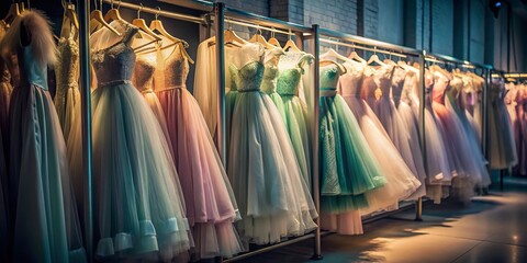 Naklejka premium Tulle Costumes Hanging in Theatre Wardrobe: Elegant Stage Apparel Ready for Performance
