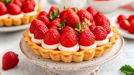 Strawberry tart on stand, another blurred behind. Sweet treat for blog, cooking, dessert promotion use