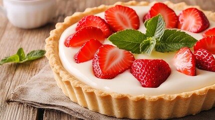 Strawberry tart on wood table, near a mug. Dessert photography