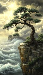 Solitary Tree Enduring a Stormy Sea on a Cliff Edge Under a Dramatic Lightning Sky Landscape.