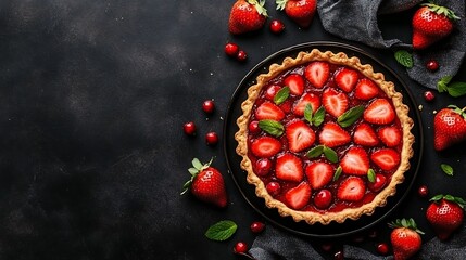 Strawberry tart with a dark background can be used as a dessert advertisement