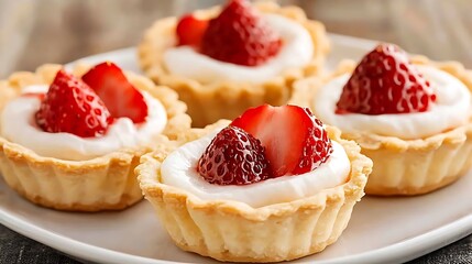 Strawberry tarts with cream filling sit on a plate with a wood surface, ideal for dessert promotions