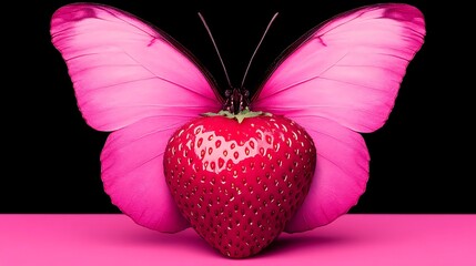 Strawberry with pink butterfly wings on a pink surface with dark backdrop for food or beauty concept