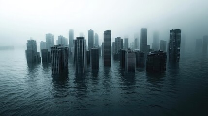 Fototapeta premium Iceberg melting idea. A misty skyline of submerged skyscrapers in an urban environment reflecting climate change.