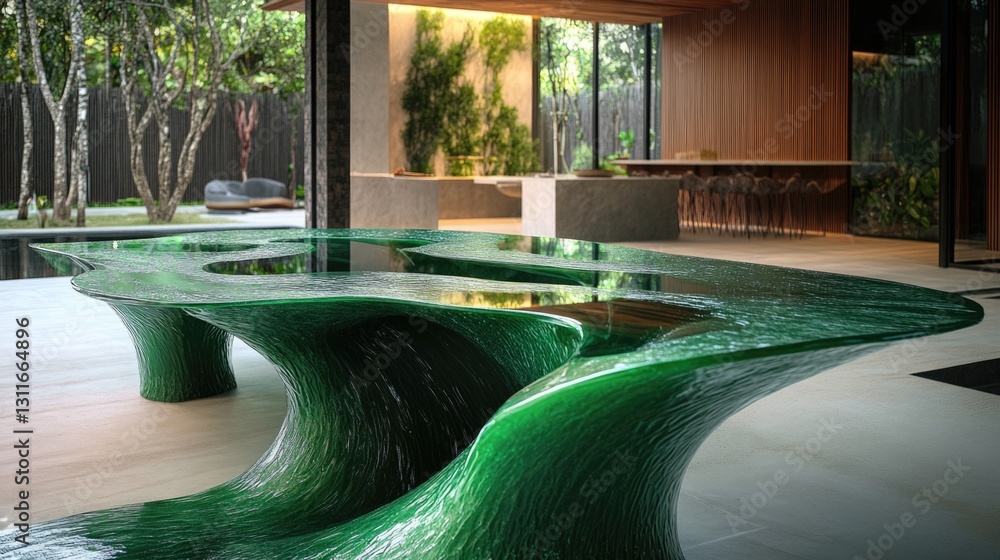 Poster a green table with water in it is in a room with a lot of greenery. the table is curved and has a un