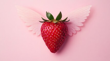 Strawberry with wings in pink background, creative food art, diet or health advertisement
