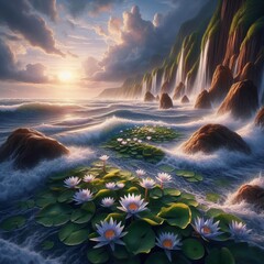 Waves and Sea Lilies Waves crash against the rocks with sea lili