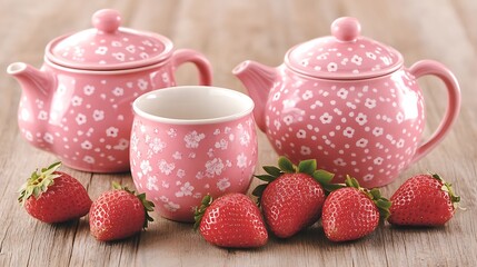 Tea service set pots, mug, strawberries on table for morning tea. Wood background for home, kitchen ads