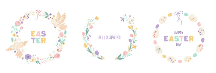 Set Easter wreaths with cute birds, eggs, spring flowers and branches on white background. Decorative frame with lettering. Unique design for your greeting cards, banners, flyers. Vector illustration